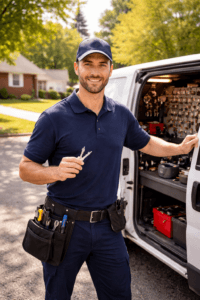 Smiling locksmith standing next to his white van in a suburban West Mifflin, PA neighborhood, holding keys and wearing a tool belt filled with locksmith tools, ready for residential lock services.