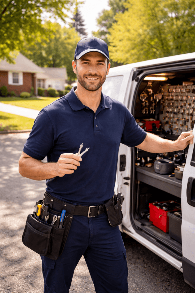Smiling locksmith standing next to his white van in a suburban West Mifflin, PA neighborhood, holding keys and wearing a tool belt filled with locksmith tools, ready for residential lock services.